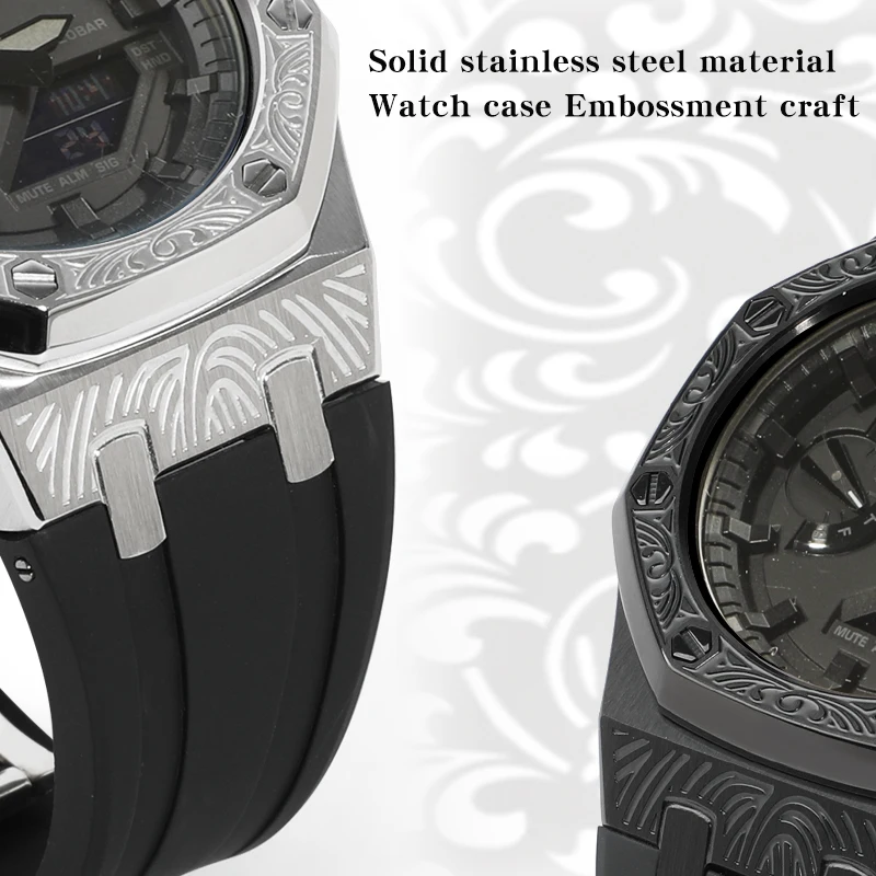 GA2100 Mod Kit Embossed Metal Case Rubber Strap for GA-2100 GA2110 GA-B2100 Watch Parts Replacement