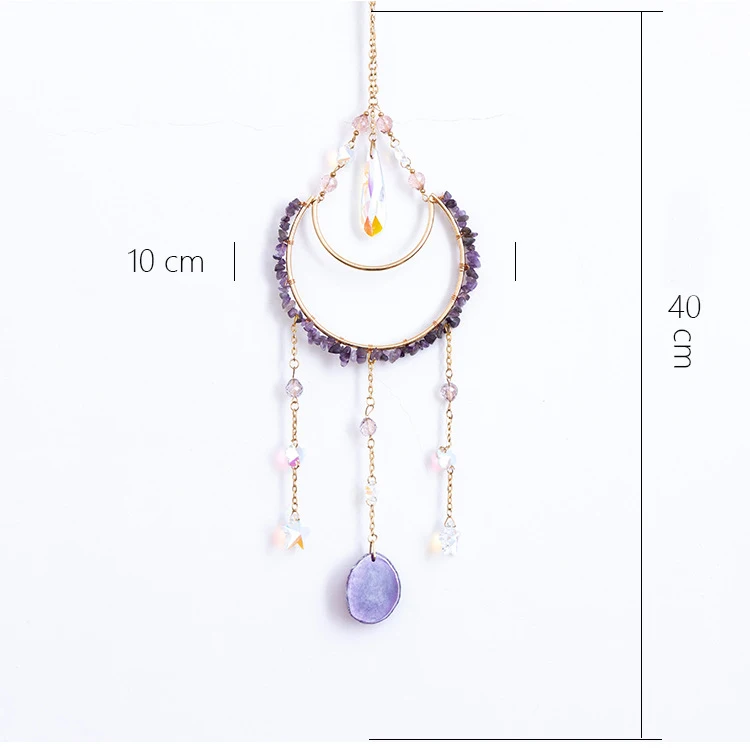 Natural Amethyst Agate Slice Hanging Moon Sun Catcher Crystal Wind Chimes Indoor Outdoor Home Garden Decor