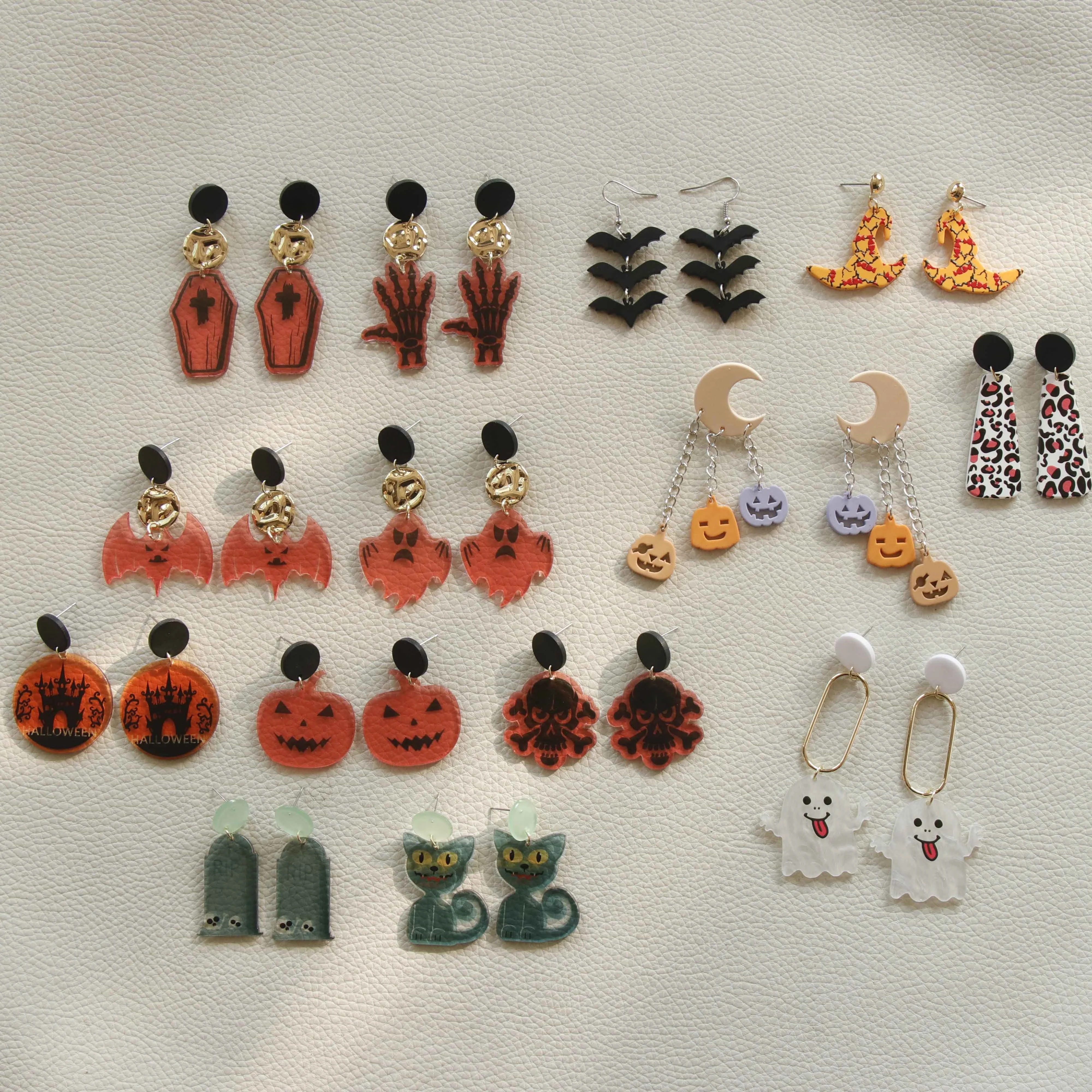 JUHU Bat skull coffin Jewelry wholesale fashion Ghost cat earrings halloween trend 2022 acrylic earrings for women men