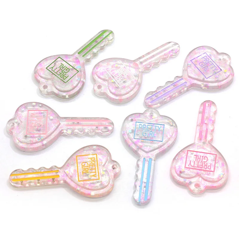 Transparent Glitter Key Flat back Resin Cabochon Kawaii Heart Keys DIY Jewelry Pendant Charms Scrapbooking Accessories