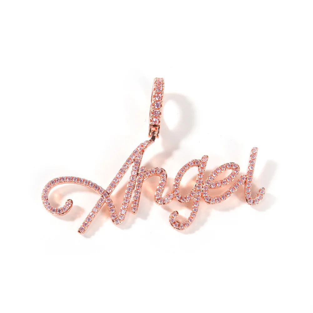 Fashion Hip Hop Cursive Custom Name Pendant Rose Gold Pink CZ Iced Out Initials Pendant With Necklace For Women