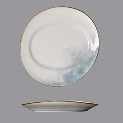 Wholesale Custom Cheap Glazed Yellow Rim Irregular Restaurant Tableware Porcelain Ceramic Plate