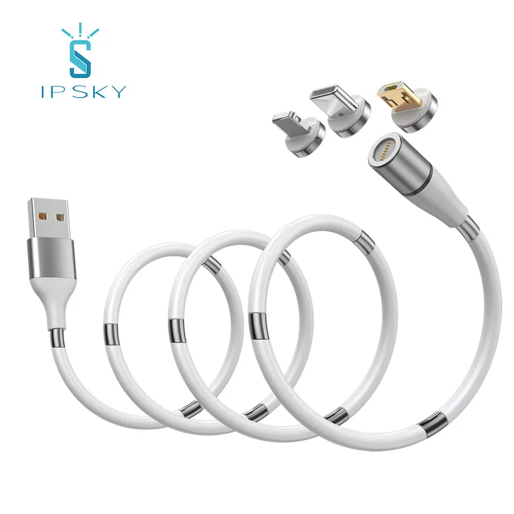 IPSKY 3A fast charging 0.9m 1.8m micro usb type c 7 pin strong self winding magnetic cable 3in1