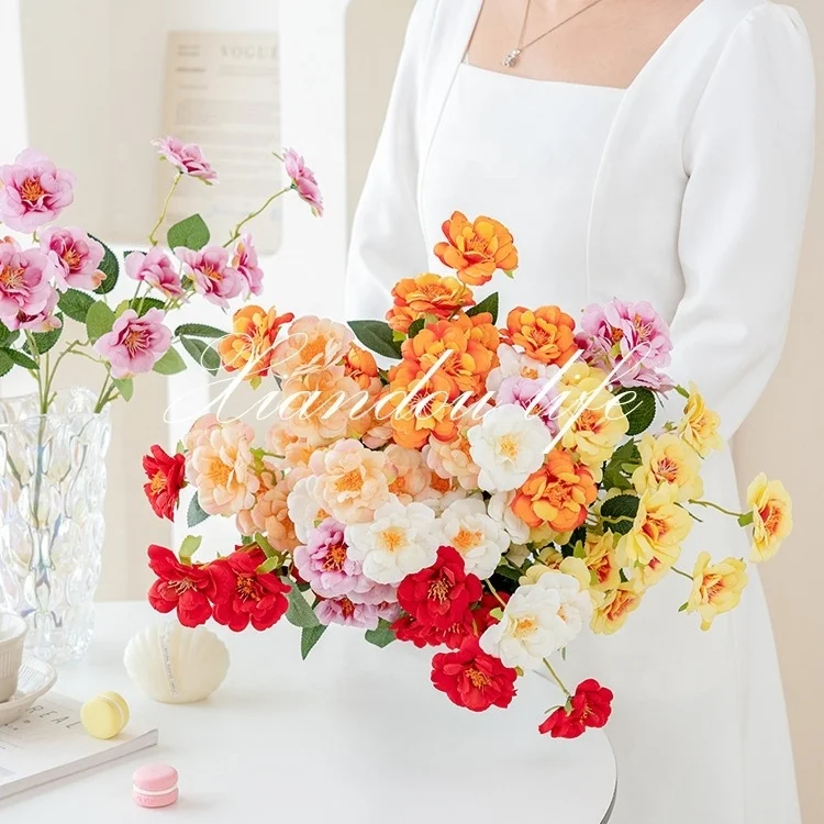 KEWEI T017 Direct Selling Artificial 5 Heads Camellia Single Stem Flower Silk Pink Marigold Wedding Holding Flower