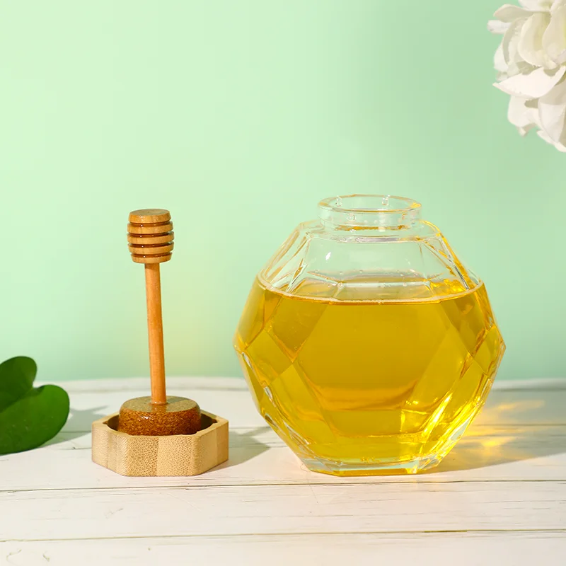 200ml 380ml 750ml Food Grade Empty Glass Honey Jar Hexagon With Wood Stirring Rod
