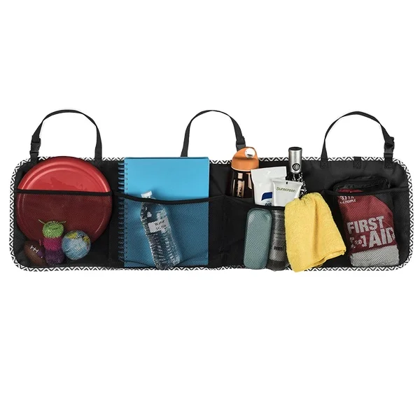 Durable material multiple pockets hanging mesh car seat storage bag,portable easy install convenience car seat storage