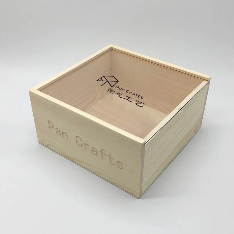 Plain empty natural pine solid wood box with transparent lid wooden gift box