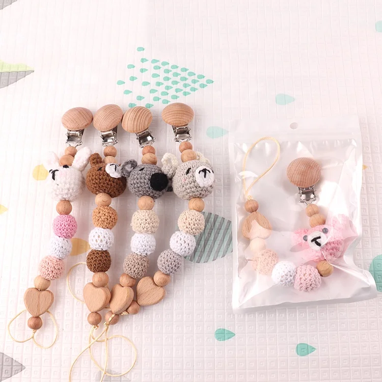 Factory direct personalized cotton thread wooden knit animals pacifier clip pacifier chain for newborn baby