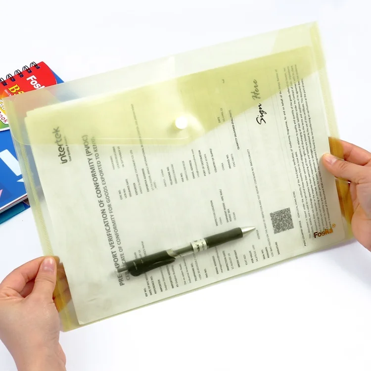 High-quality PP Plastic Corrosion Resistant 5 Colors A4 FC Size Plastic Envelope Pockets for File