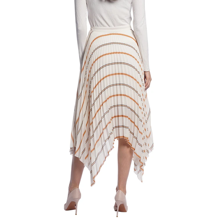 
Stripe print chiffon irregular hemline all over pleat pleat structure creats wave effect women fashion classy skirts summer set 