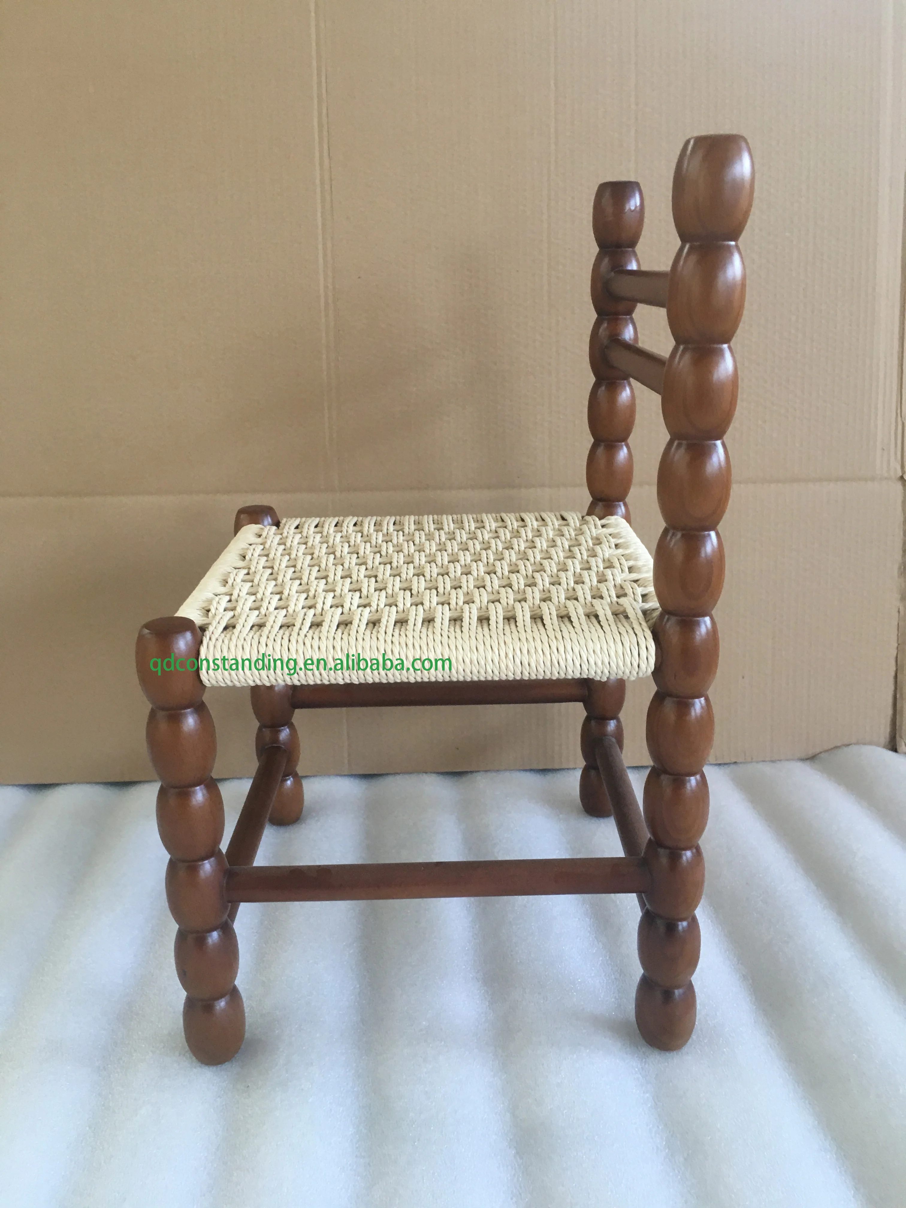 Children High Back Small Portable Modern Wooden Paper Cord Woven Seat Kids Stool