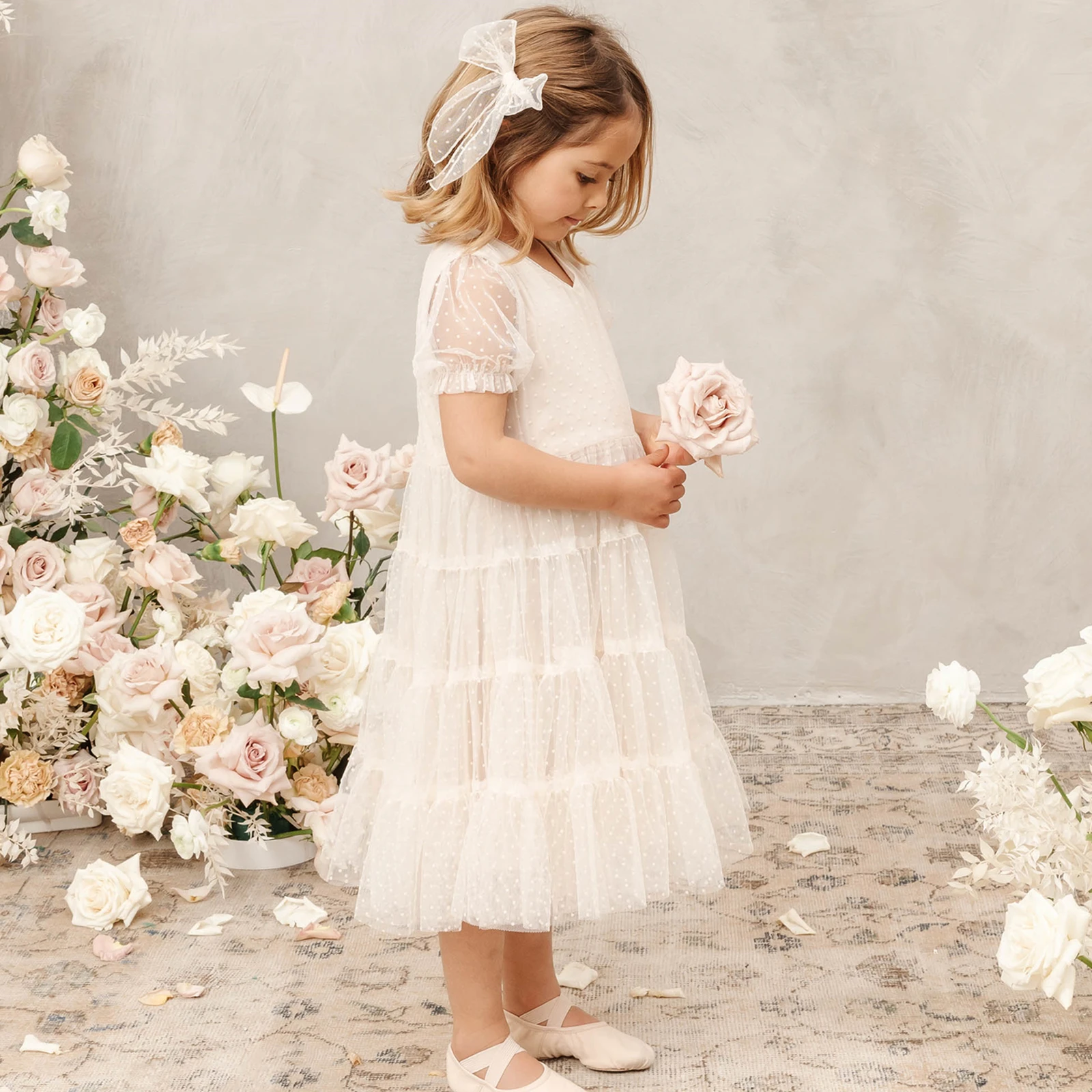 Kids Clothes Children Wear Baby Dresses Custom Lace with Puff Sleeves Summer for Girl Clothes