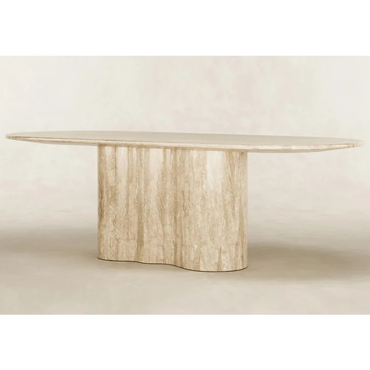 Hotel luxury home design stone pillar column table furniture travertine dining table marble dinning table set