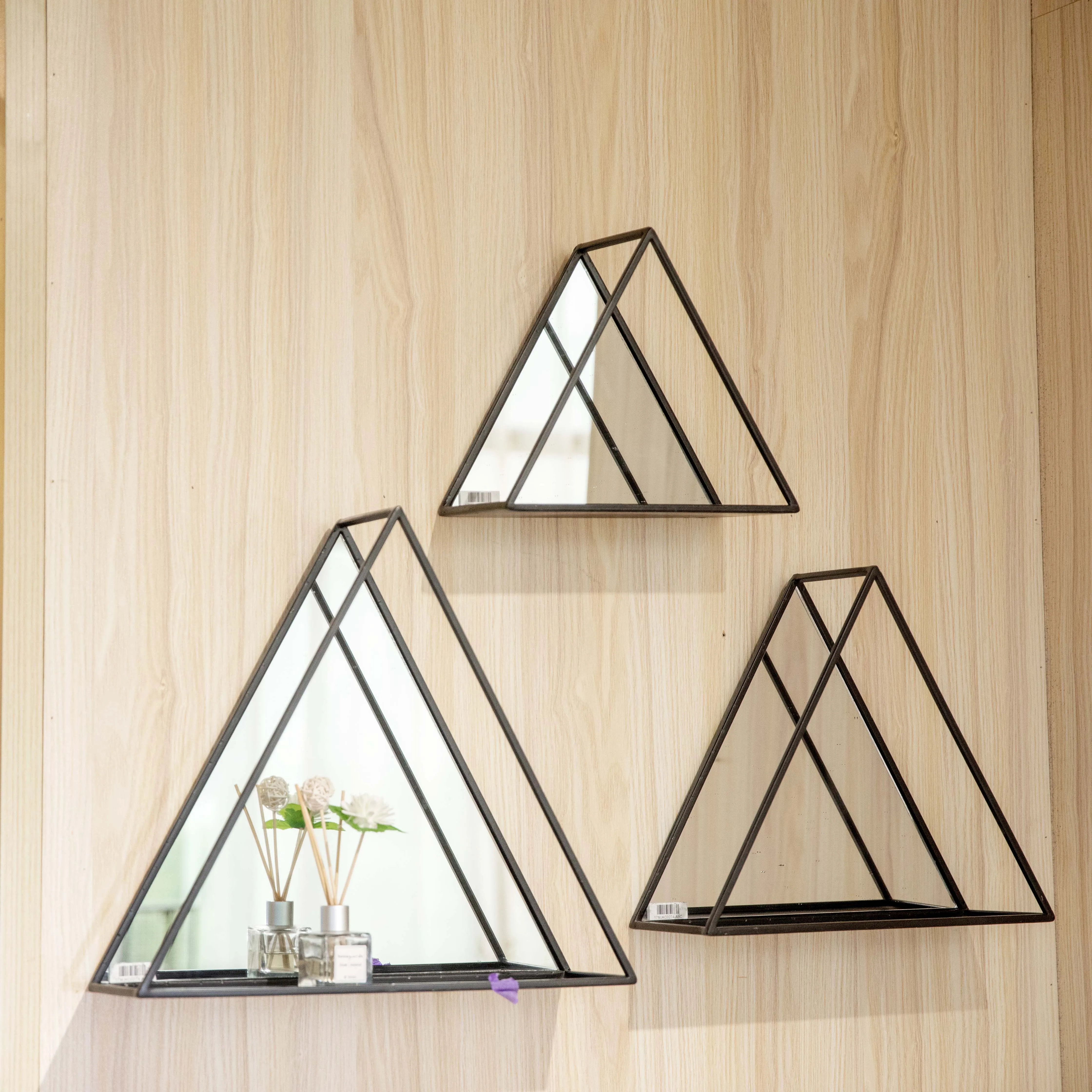 Mayco Entrance Bathroom Makeup Triangle Accent Black Metal Shelf Mirror Set
