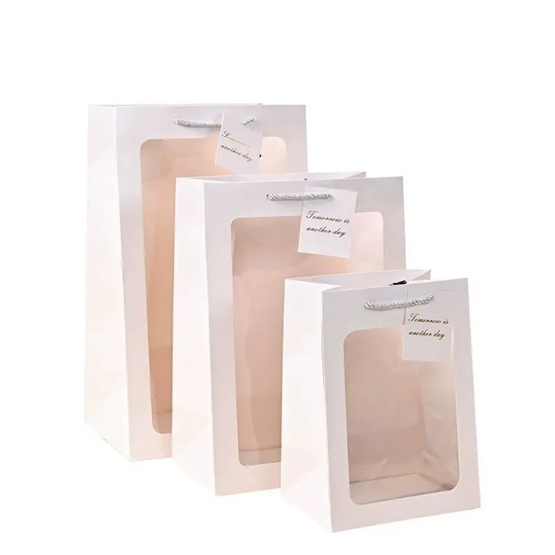 Custom luxury OEM white brown paper bags with window,kraft paper bag packaging with plastic windows,	kraft paper bag with window