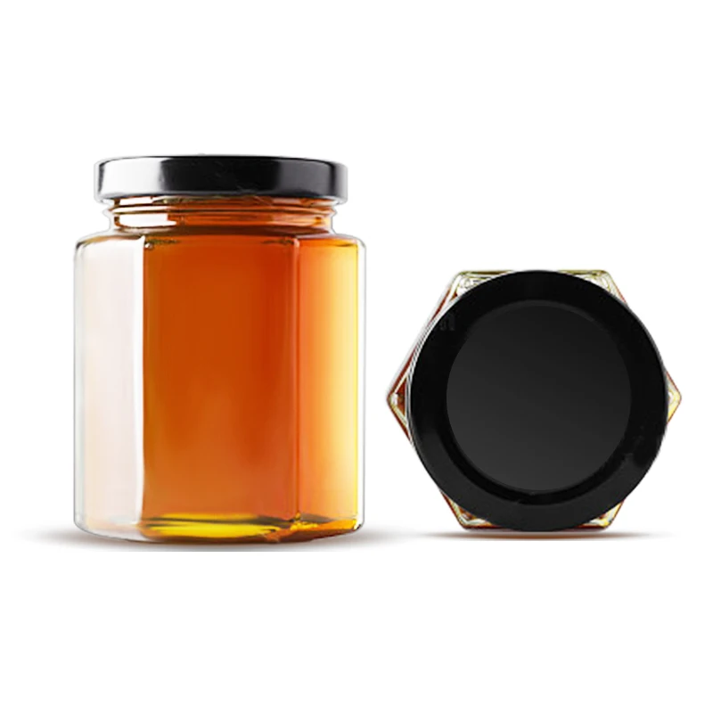 Cheap Spice Bottle Storage Hexagonal Honey Jam Food Small glass bottles for honey packing with Lid