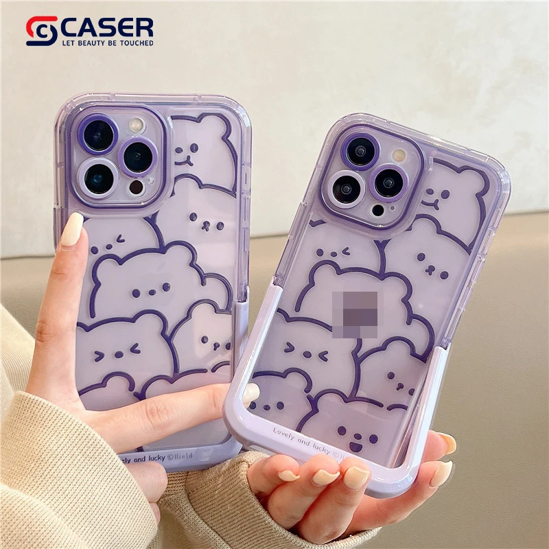 Ins Style Cartoon Purple Little Bear Phone Case With Stand Popular Lovely And Lucky Girl Mobile Phone Cover For Iphone 15 14