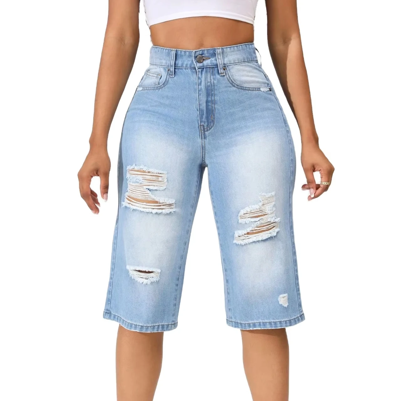 Stretchy cool stylish denim distressed ladies women shorts jeans half pant