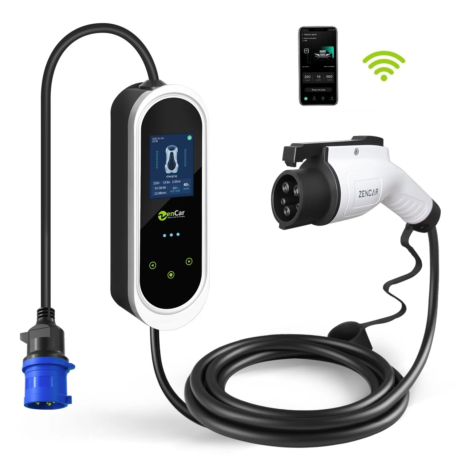 Zencar Model E pro  WiFi APP Type 1 7kW mobile EV charger application 32A level 2 EVSE blue CEE with holders