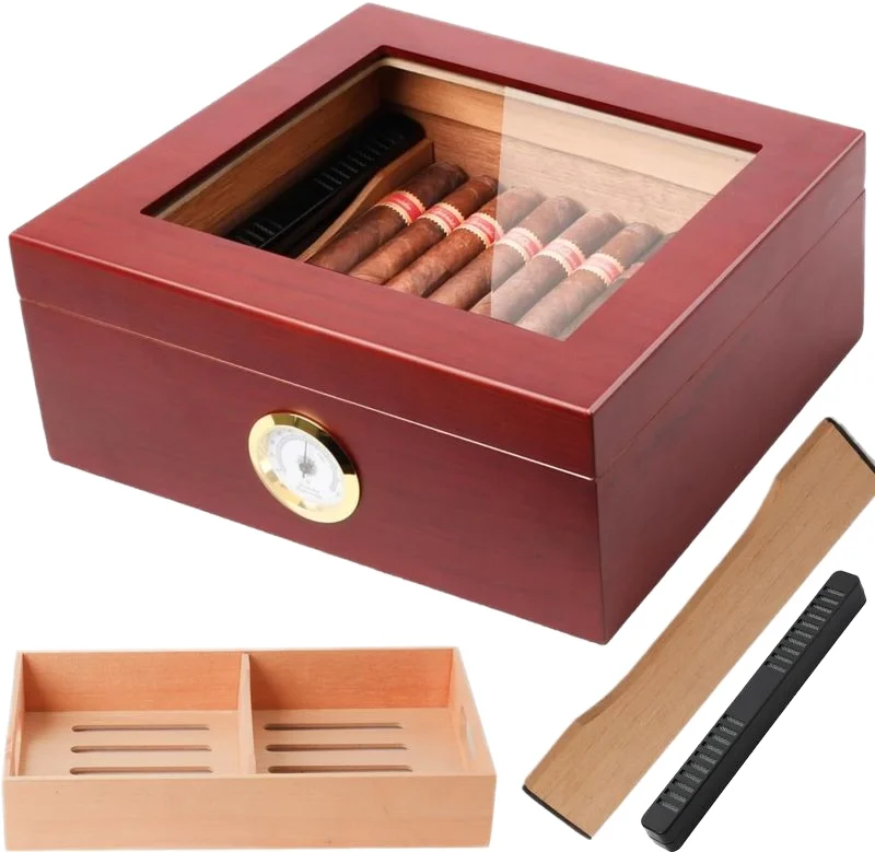 Hot Selling  panish cedar Wooden Box Cigar Humidor with humidifier Top Glass Custom Logo Humidor For Cigars Desktop Cigar Case