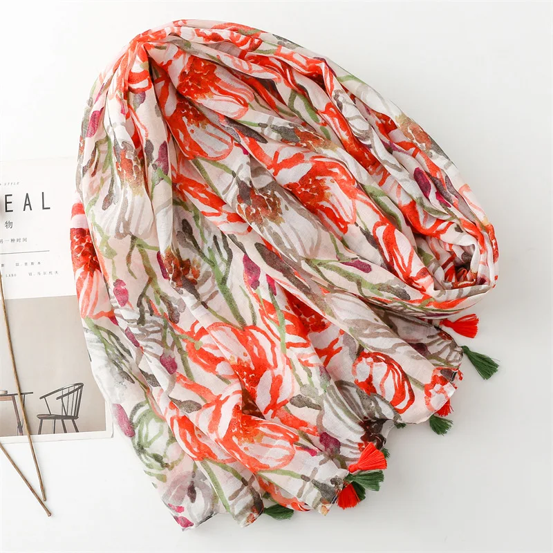 Wholesale High Quality Spring and Summer Cotton and Linen Hand Scarf Tulip Flower Lady Simple Style Ruffled Silk Scarf Shawl