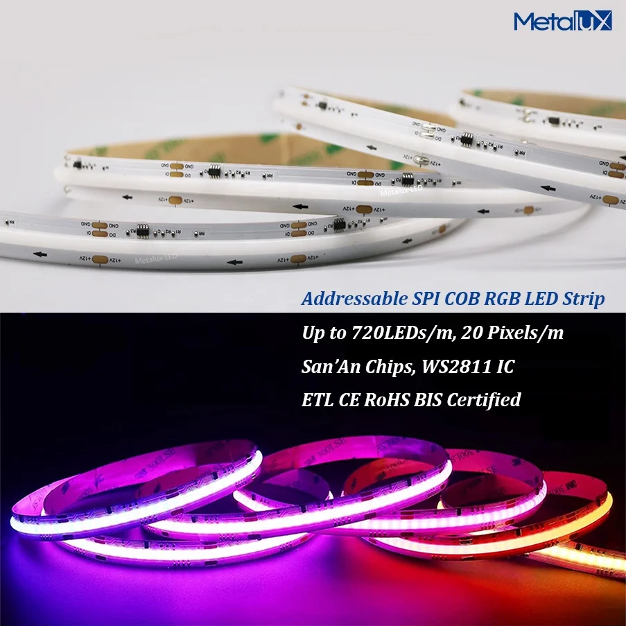 Metalux Rgb Digital Pixel Flex Ce ETL Cob Led Strip Dc 12v/24v 720chips SPI DMX Strip Lights For Indoor Outdoor Decorations