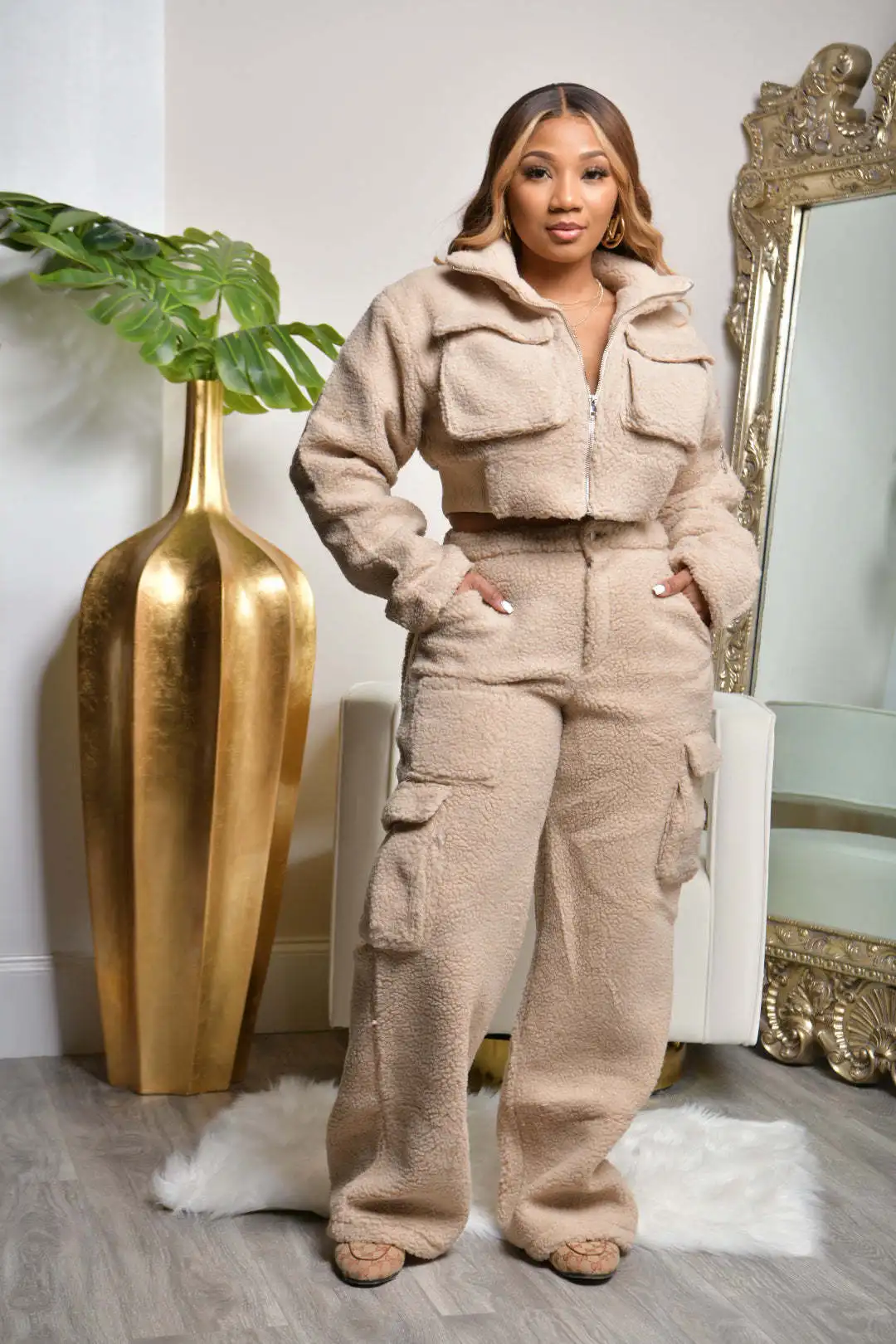 2024 Fall Winter Fashion Women Clothing Zip Up Jacket+ Pocket Cargo Pants Set Solid Color Womens Fleece Two Piece Set