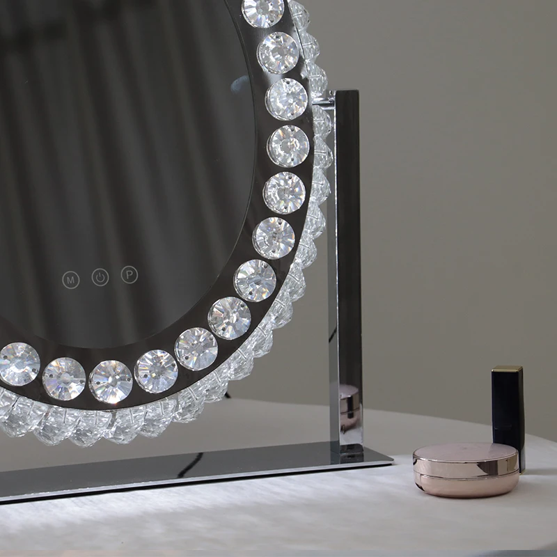 Luxury Crystal Led Table 360 Degree Rotation Large Size Beauty Distribute Touch Sensor Switch 3 Color Lights Makeup Mirror