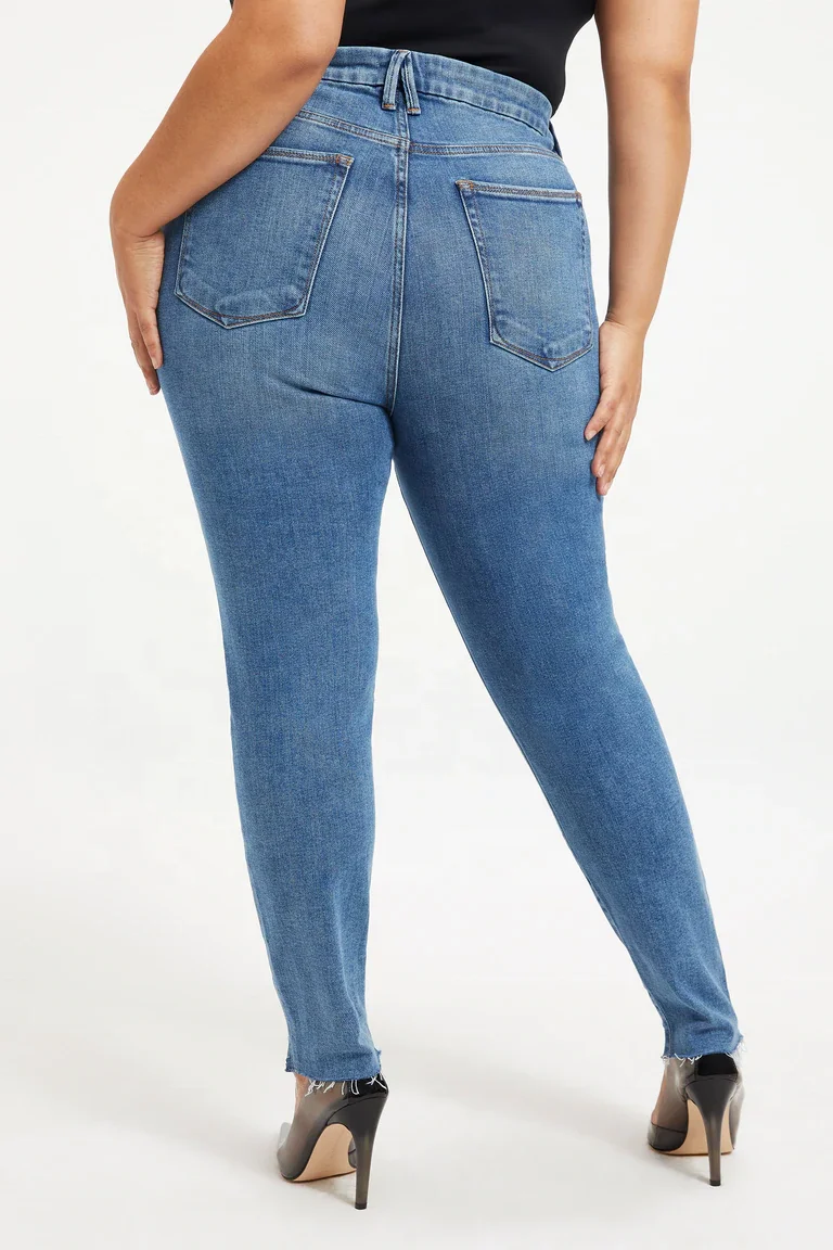 OEM Mom Jeans Classic Medium Blue Wash High Waisted Reinforced Belt Loops Plus Size Denim Trouser For Women
