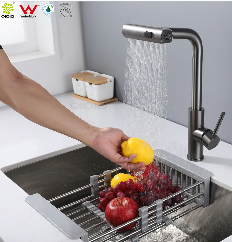 cascade 304 SS pull out  kitchen faucet three functional spray waterfall outlets  flying rain  inox sink mixer