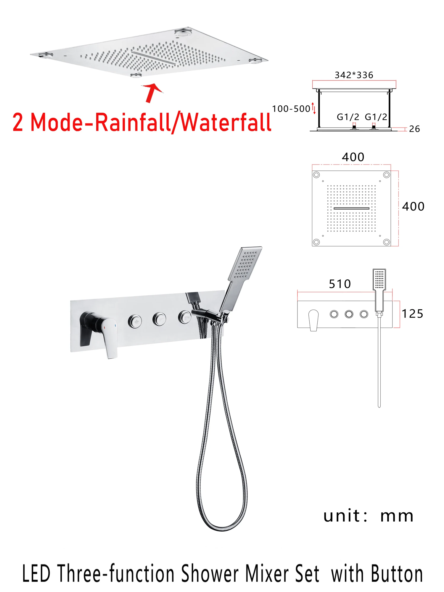LED Bathroom Rainfall Shower System SPA Waterfall Mist Multifunction Brass Diverter Valve Shower Set