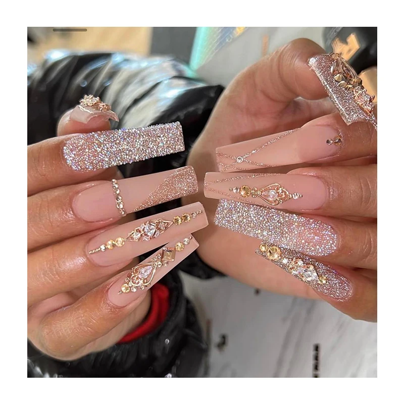 Luxury Unique False Nail Glitter Handmade Salon Long Square Manicure Accessories Shinning Glossy Rhinestone Durable Fake Nail
