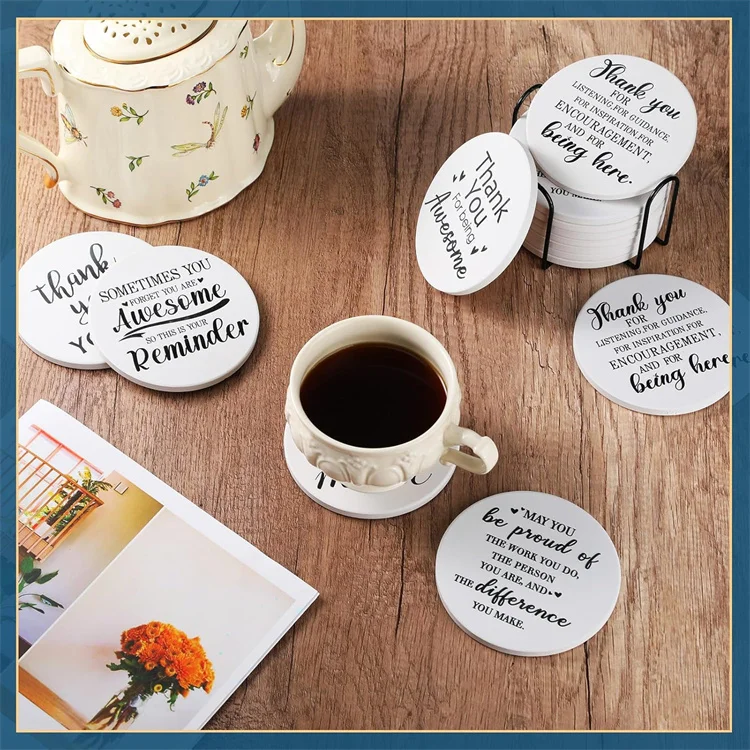 Wholesale Custom Sublimation Printed Promotional Absorbent Drinks Non-slip Glossy Round Ceramic Coasters With Cork Base