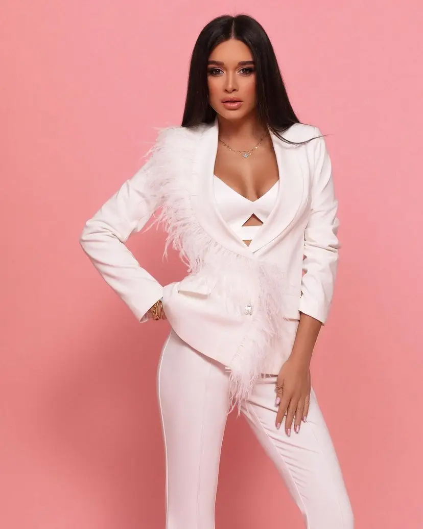 Customize Feather White Elegant Lady Office Wear Suit Casual Plus Size Women Long Sleeve Coat Pant