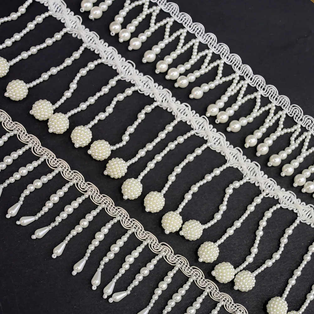 Hot Sale Retro Pearl Lace Ribbon DIY Handmade Beaded Trimming Tassel Fringe Trimming