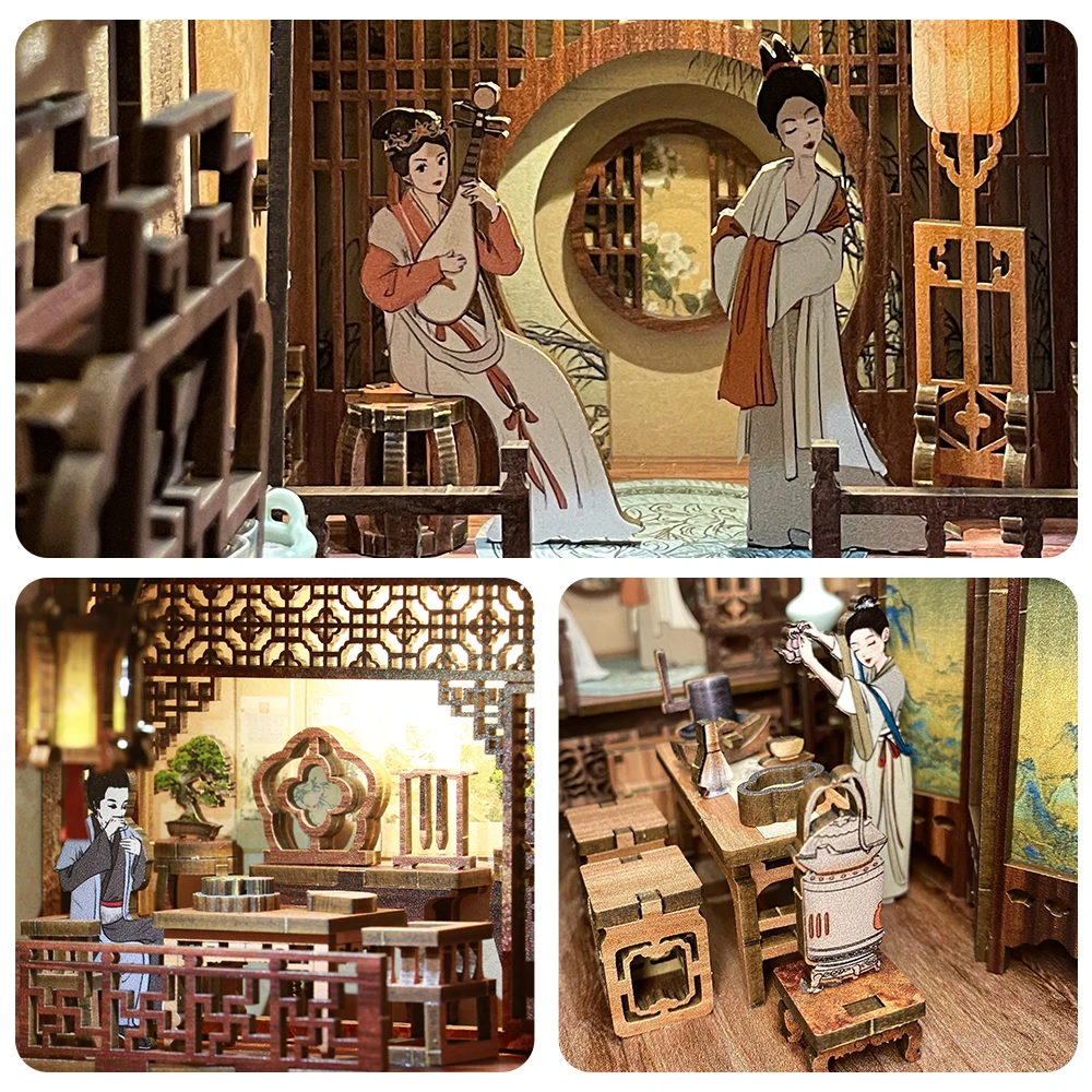 CuteBee New Year Gifts Chinese Story Elegant Song  DIY Miniature Wooden House Book Nook with LED Night Light Bookend