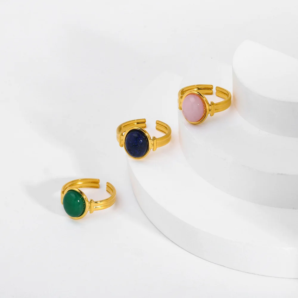 Hot Sell Water Proof 18K Gold Plated Stainless Steel Vintage Tiger Eye Gemstone Adjustable Open Ring Jewelry For Women