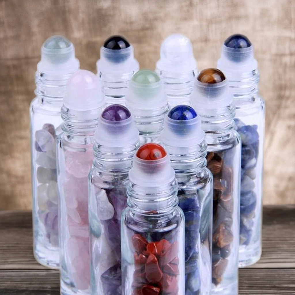 Rose Quartz Natural Gemstone 10ml round Glass Essential Oil Roller Bottle Crystal Healing Stones Colorful Cap and Roll