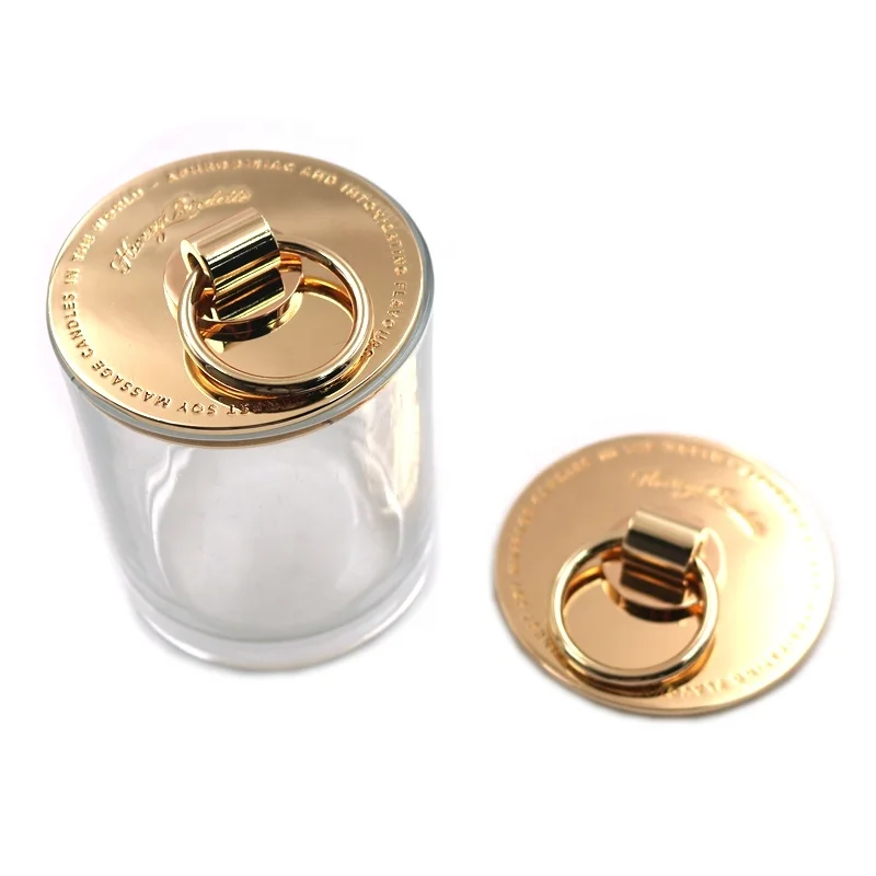 New design High quality custom logo gold silver color metal zinc alloy candle glass jar cup lid with ring