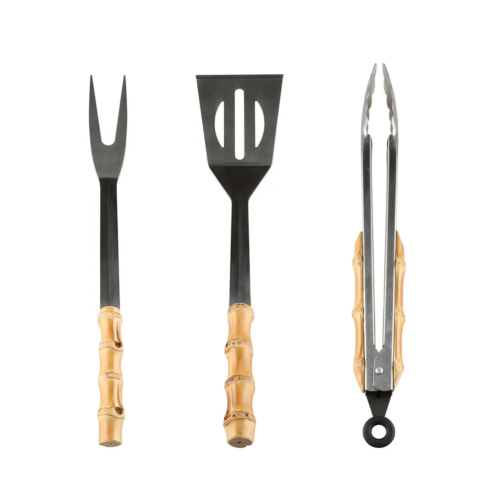 Camping Stainless Steel Bamboo Root Wooden Handle Slotted Spatula Turner Fork Tong Grill Set Barbecue Accessories BBQ Tool