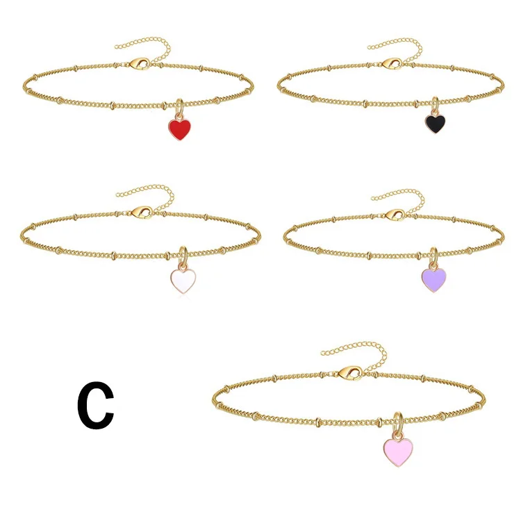 INS Stainless Steel Gold Plated Paperclip Chain Enamel Heart Pendant Bracelet Ankelt Personalized Chain Colorful Heart Bracelet