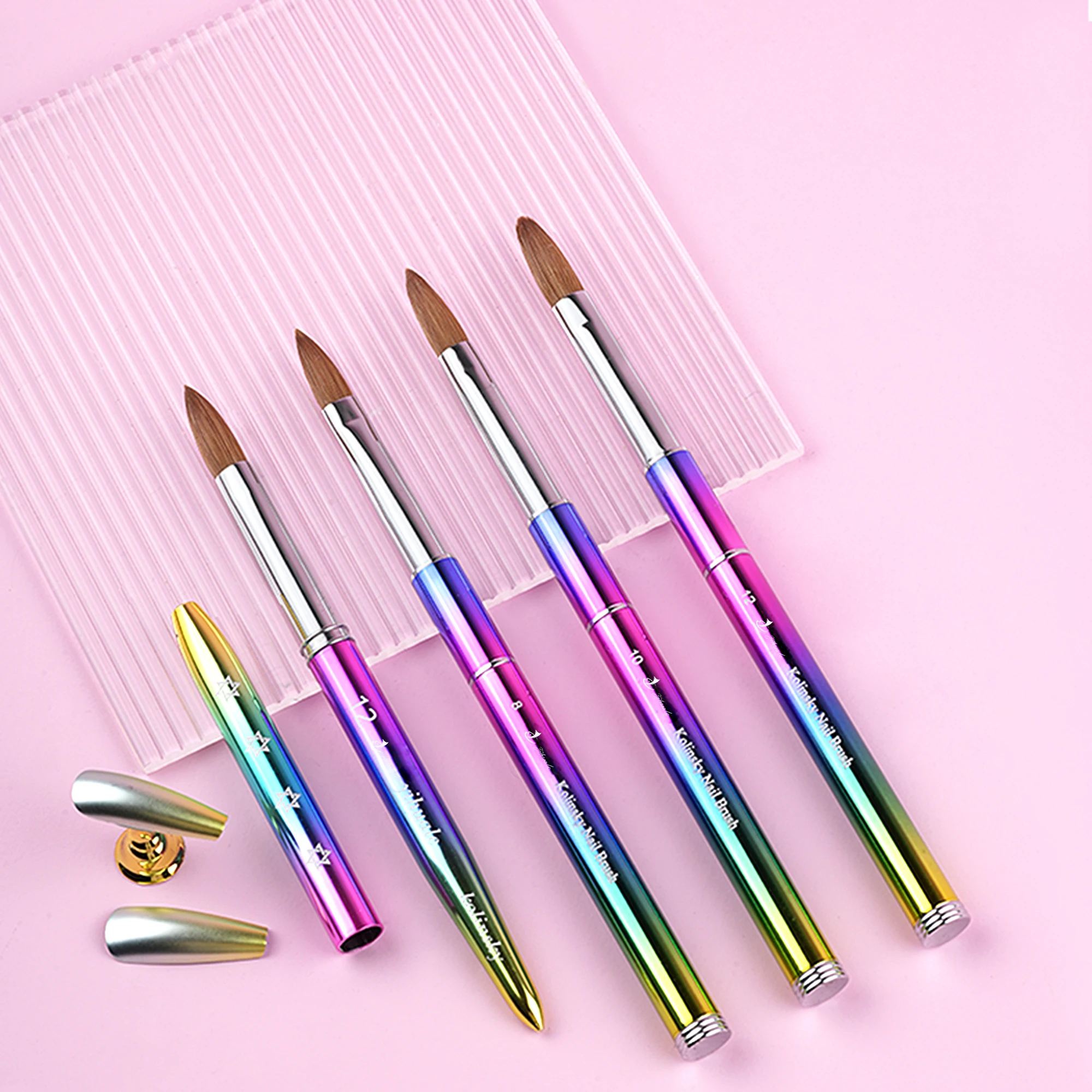 Private Label Custom Gradients Rainbow Metal Nail Brush Nail Art Painting Pen 100% Pure Kolinsky Hair Acrylic Nail Brush Set
