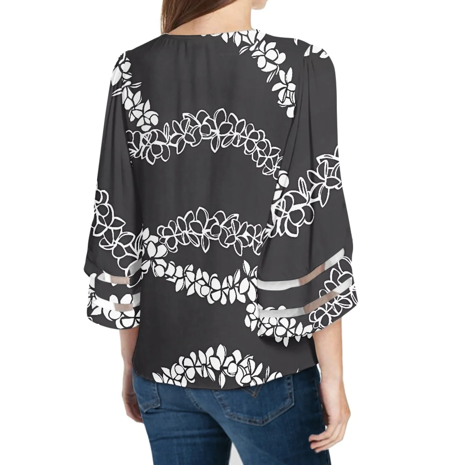 Black Polynesian Elei Floral Printed Blouse For Women Custom Fashion Blouses Elegant Women Summer Plus Size Short Sleeve Blouses