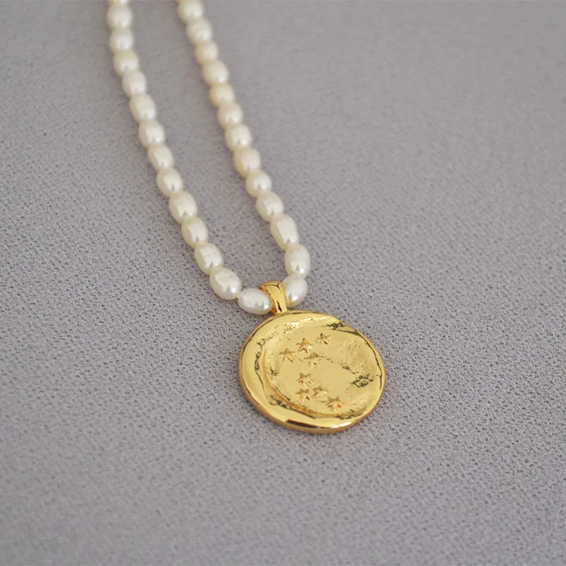 moon and star design round pendant choker real gold plated beaded freshwater pearl necklace jewelry jewellery