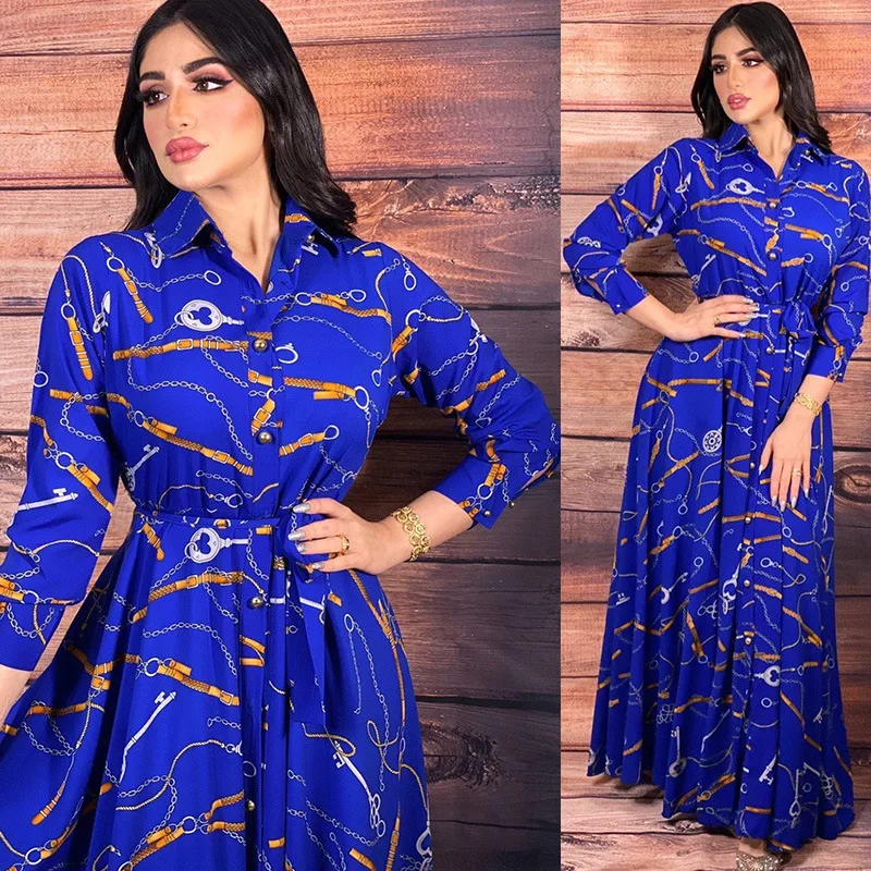 Southeast Asia Indonesia Printed Vintage Dress Women Muslim Clothing Turn Down Neck Long Sleeves Evening Dresses for Party 2022