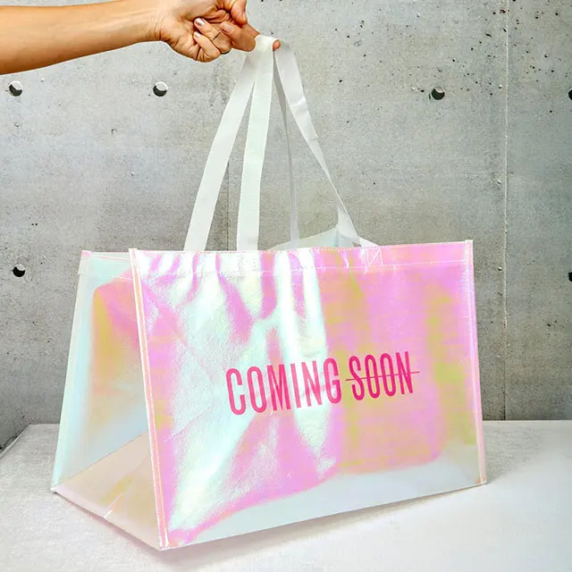 Custom Print Logo Extra Large Supermarket Grocery Tote Eco Reusable Promotional Holographic Laser Pink Iridescent Shopping Bag
