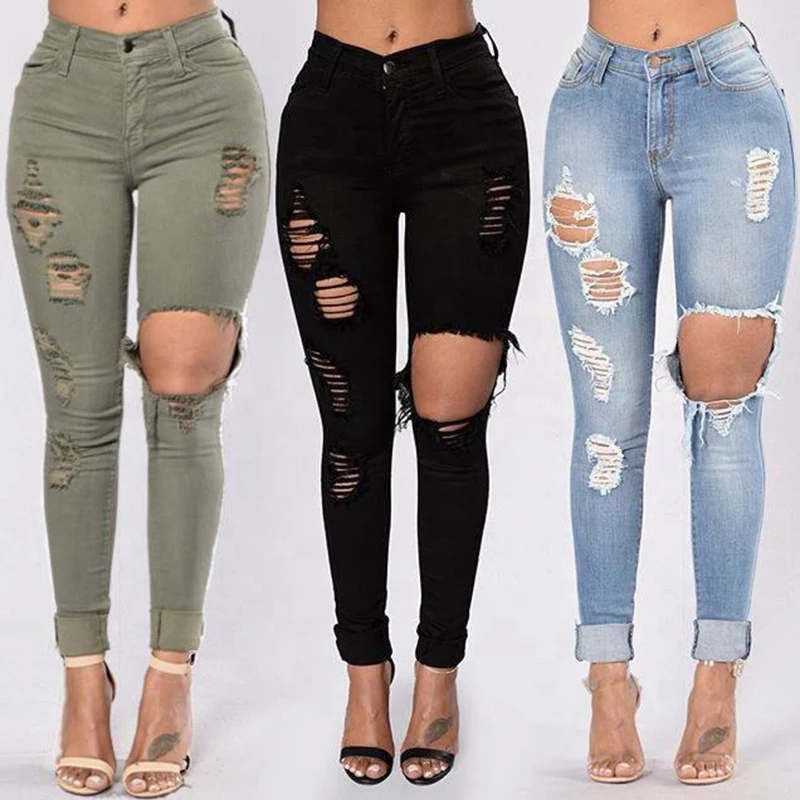 wholesale women high waist Sexy Ripped Skinny jeans pants