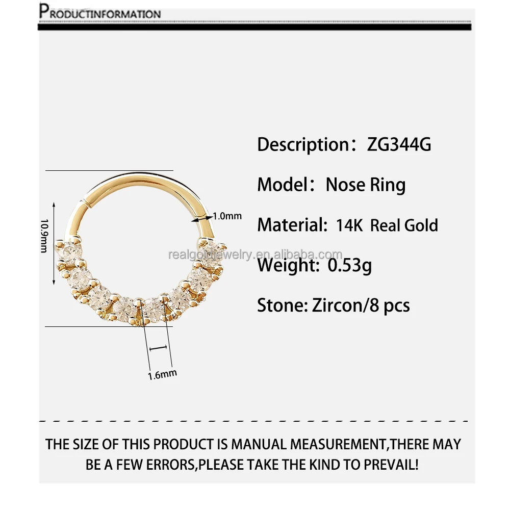 14K Solid Yellow Gold Nose Ring Popular Body Jewelry Zircon Seamless Nose Ring Piercing Cartilage Earrings Wedding Engagement