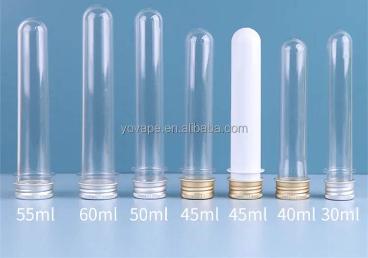Food Grade laboratory 30ml 40ml 45ml 50ml 55ml 60ml clear PET Lab Plastic Test Tube With Screw aluminum silver or gold Cap/Lid
