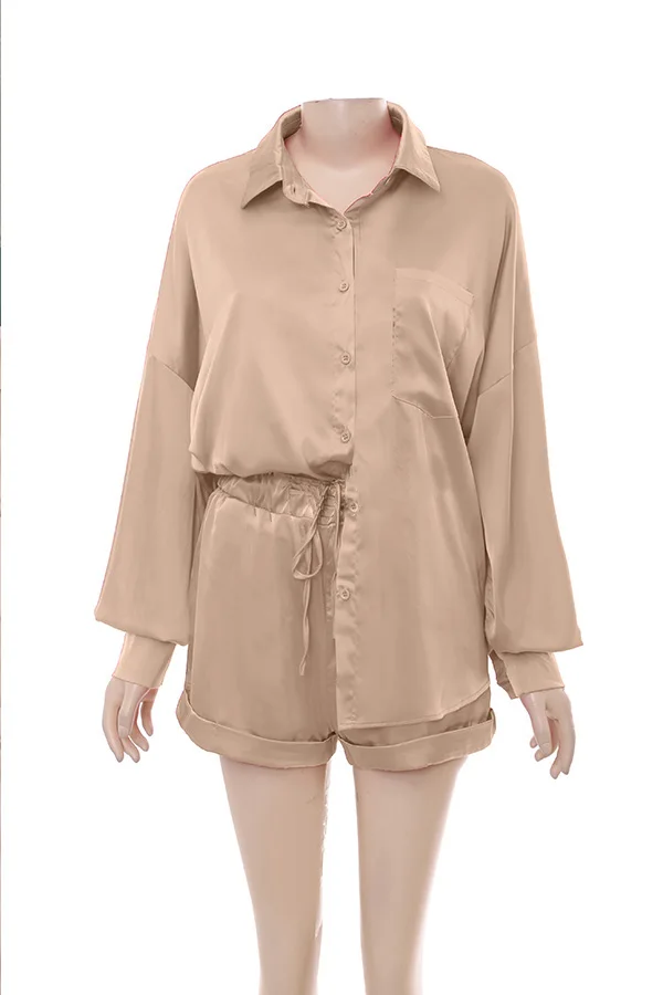 Summer High elastic satin shoulder-length sleeve top with wide-leg short pant two-piece suit